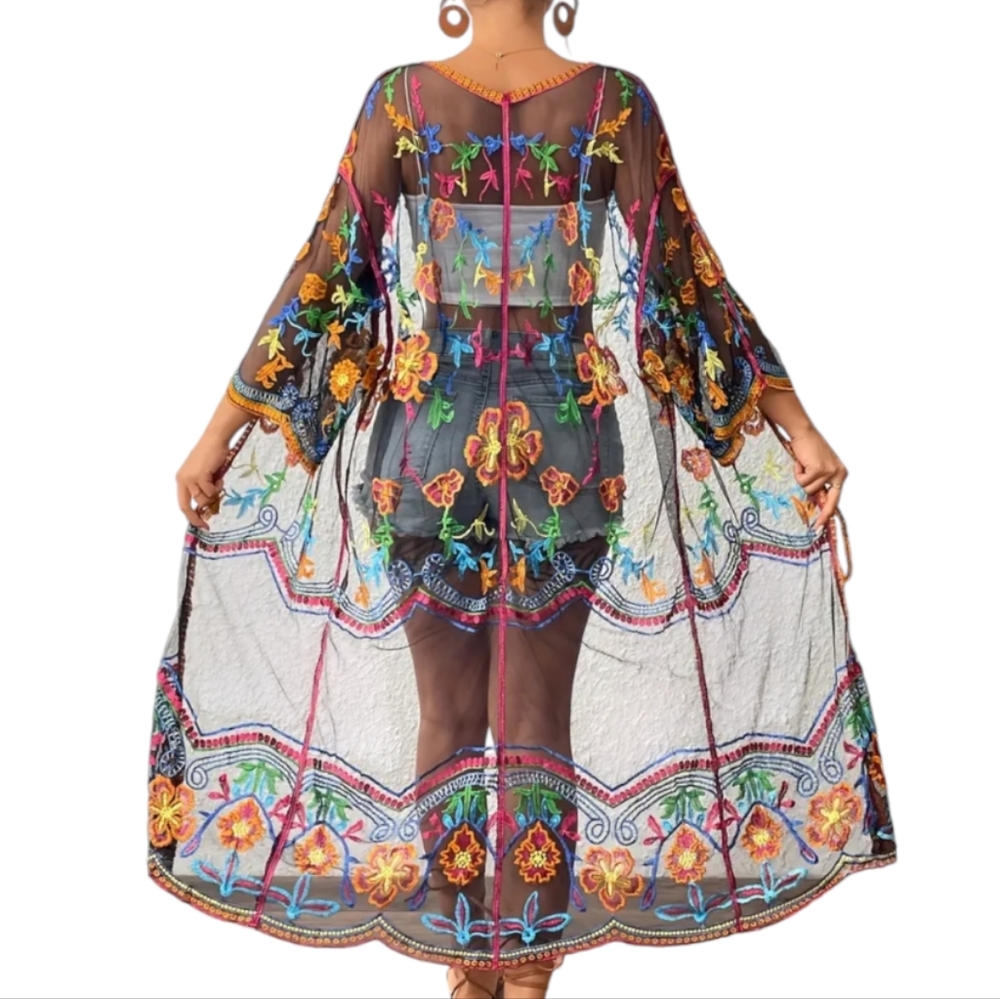 Pink and Black Kimono Swim Coverup with Dramatic Sleeves - Picture 2 of 15